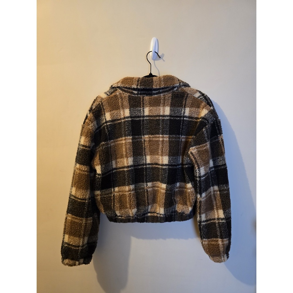 Zaful womens small sherpa Cropped sweater pullover 1/2 zip Brown Plaid - Picture 4 of 4